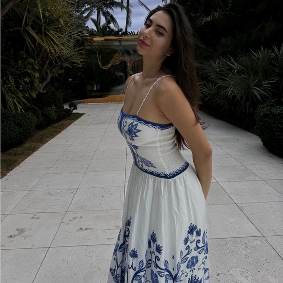 Cotton Elegant Blue and White Floral Dress - Picture 2 of 4